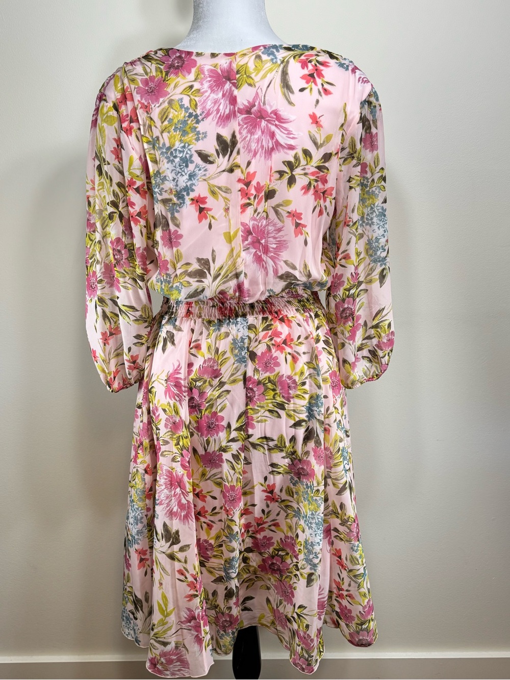 Kate & Lily Pink Floral Watercolor Chiffon Overlay Dress Sheer Sleeves Size 12 - Picture 4 of 11